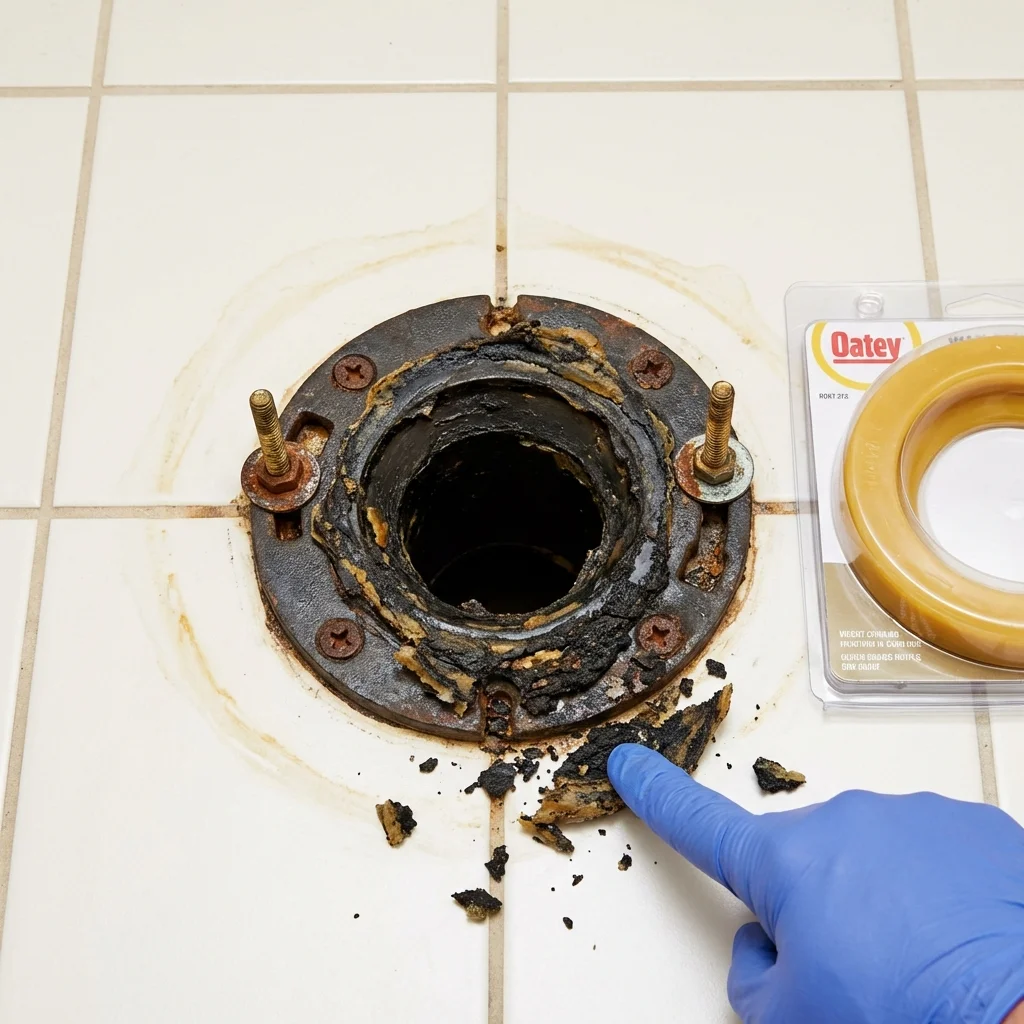 Failed wax ring showing water seepage at the base of a toilet in a Chester, SC home